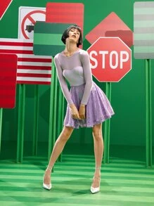 Attilio De Angelis Mesh Insert Zip Back Contrast Sequins Flare Hem Dress - Dusty Purple - View 6