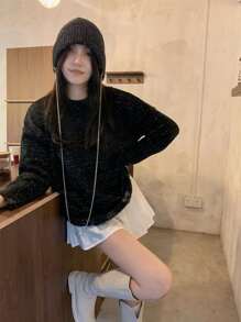 Ripped Drop Shoulder Confetti Sweater With Knit Hat - Black - View 1