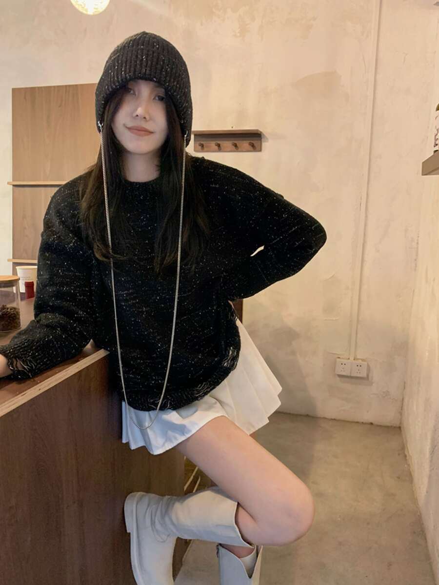 Ripped Drop Shoulder Confetti Sweater With Knit Hat - Black - View 1