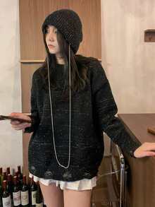 Ripped Drop Shoulder Confetti Sweater With Knit Hat - Black - View 2