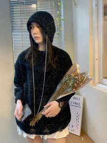 Ripped Drop Shoulder Confetti Sweater With Knit Hat - Black - View 3
