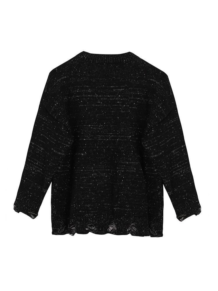 Ripped Drop Shoulder Confetti Sweater With Knit Hat - Black - View 6
