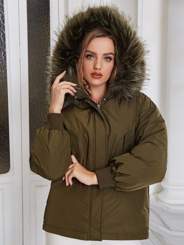 Fuzzy Trim O-Ring Hooded Drop Shoulder Zipper Padded Coat