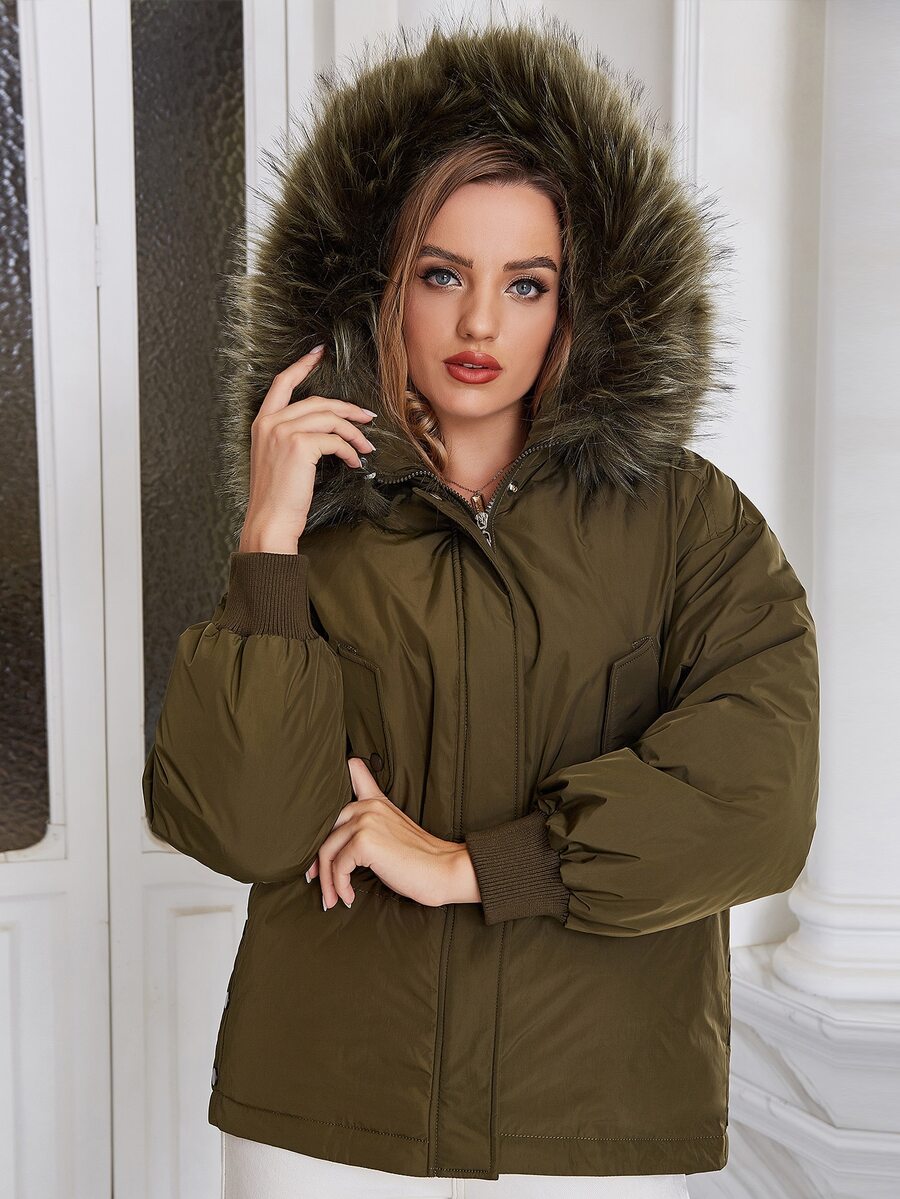 ZIAI Fuzzy Trim O-Ring Hooded Drop Shoulder Zipper Padded Coat - Army Green - View 1