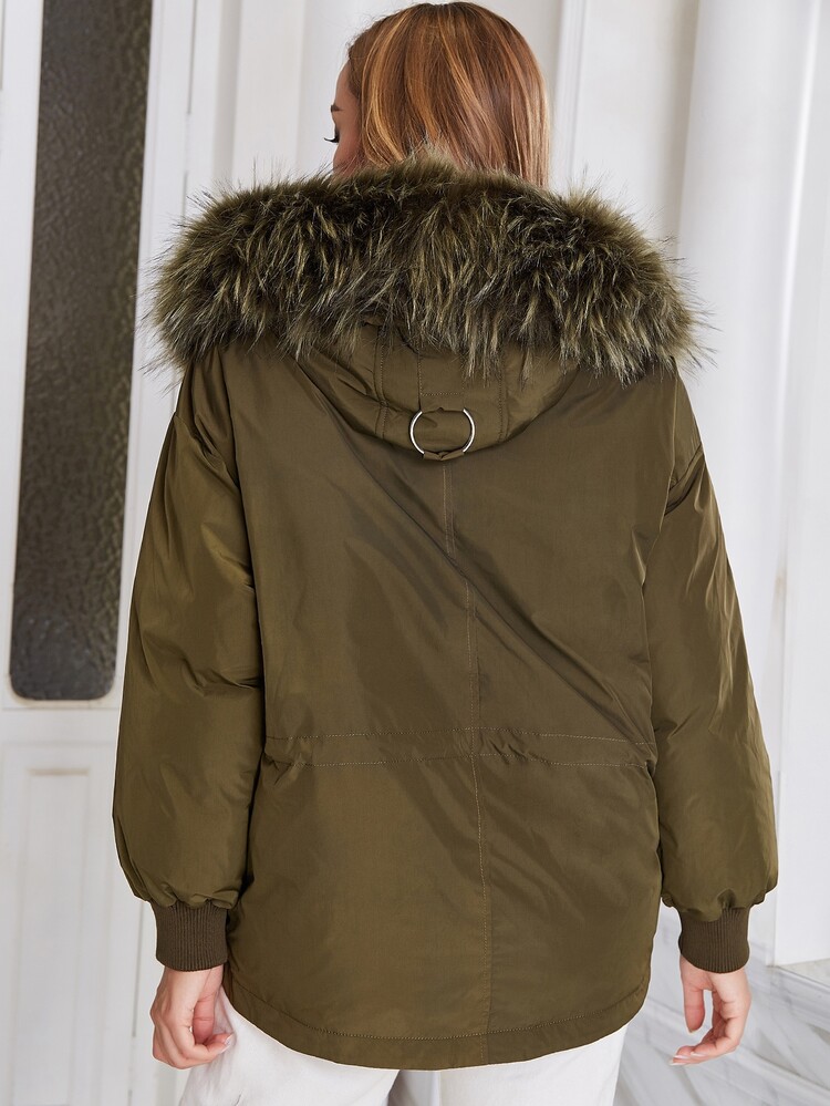 ZIAI Fuzzy Trim O-Ring Hooded Drop Shoulder Zipper Padded Coat - Army Green - View 2