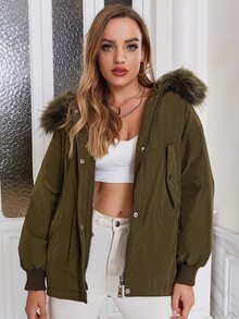 ZIAI Fuzzy Trim O-Ring Hooded Drop Shoulder Zipper Padded Coat - Army Green - View 5