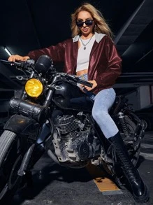 SHEIN ICON 落肩袖拉鍊PU皮革夾克 - 酒紅色 - 查看 1