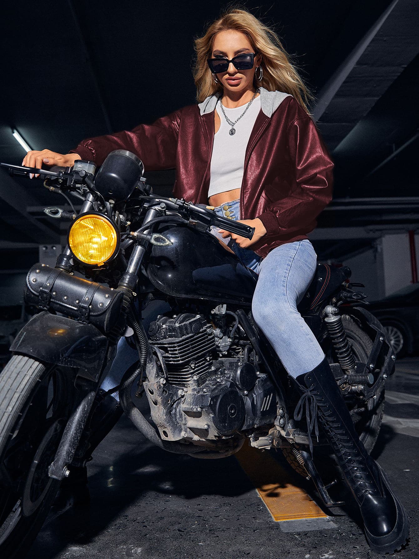 SHEIN ICON 落肩袖拉鍊PU皮革夾克 - 酒紅色 - 查看 1