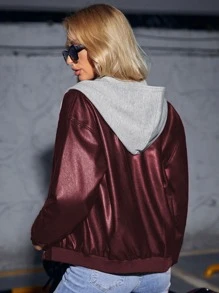 SHEIN ICON 落肩袖拉鍊PU皮革夾克 - 酒紅色 - 查看 2