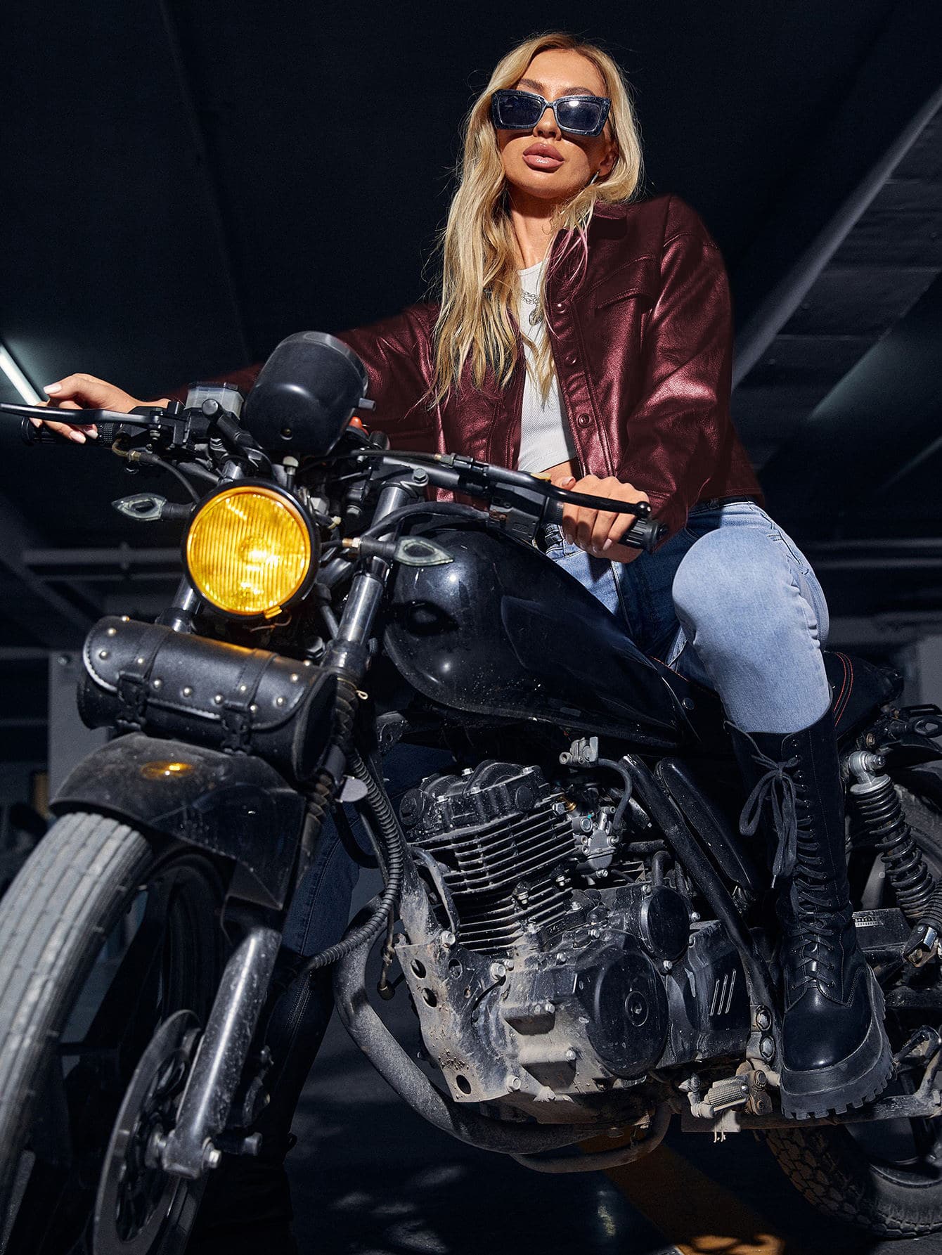 單排釦PU皮革夾克 - 酒紅色 - 查看 1