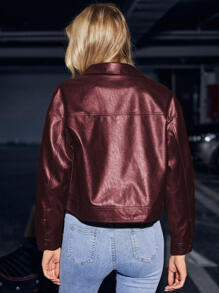 單排釦PU皮革夾克 - 酒紅色 - 查看 2