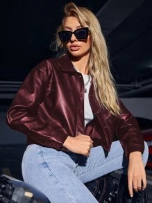 單排釦PU皮革夾克 - 酒紅色 - 查看 4