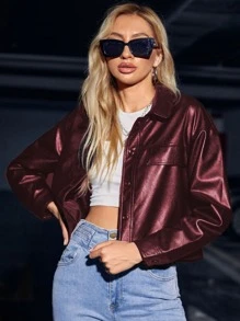 單排釦PU皮革夾克 - 酒紅色 - 查看 3