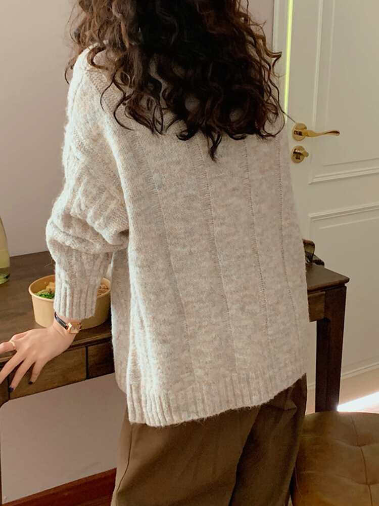 Drop Shoulder Oversized Cable Knit Sweater - Beige - View 2