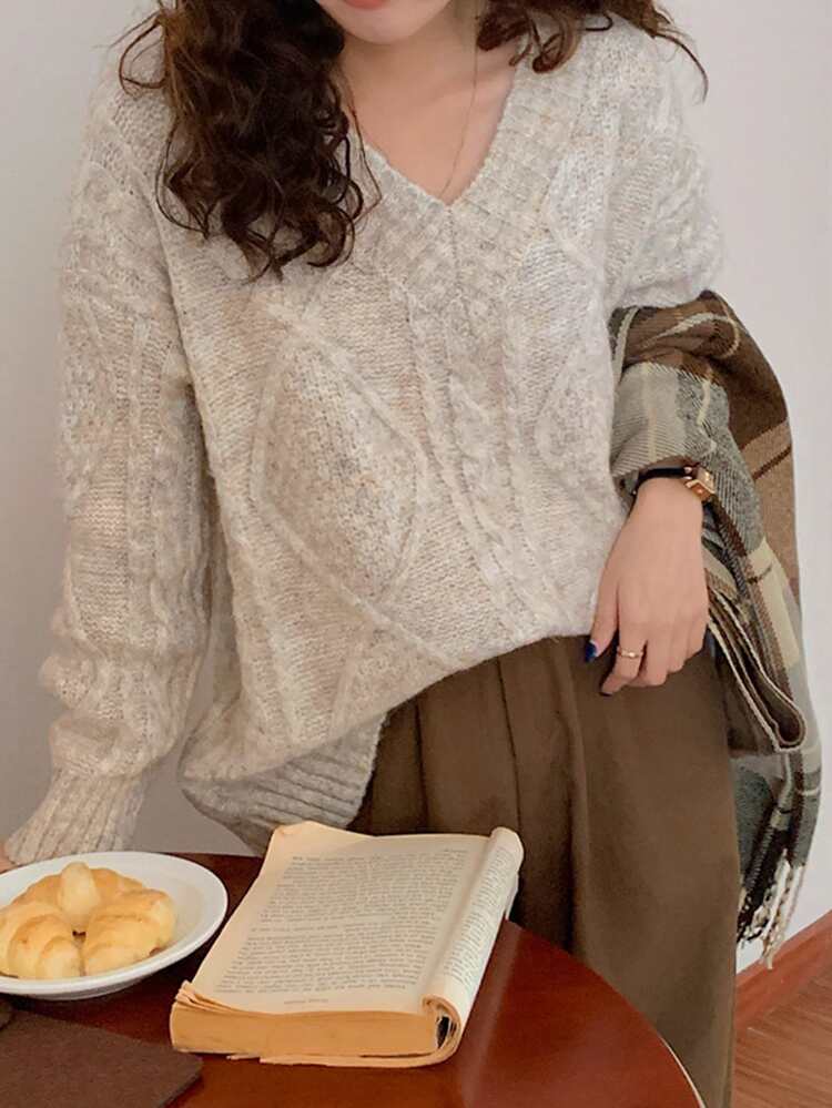 Drop Shoulder Oversized Cable Knit Sweater - Beige - View 3