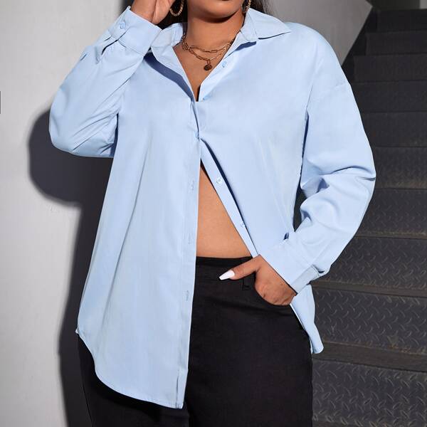 

Plus Drop Shoulder Curved Hem Blouse, Baby blue