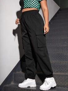 CovetEZ Pantalones cargo con bolsillo con solapa - Negro - Ver 1