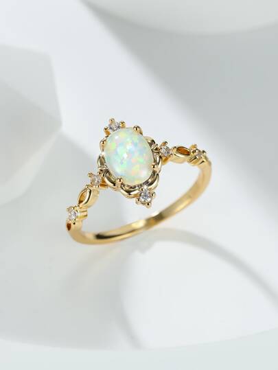 Vanel 1pc Golden Vintage Palace Style Four Prong Set Egg-shaped Synthetic Opal Ring