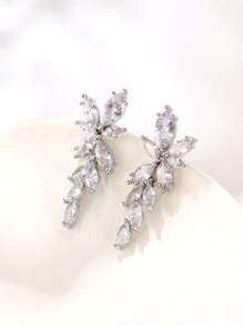 Thả hoa tai Khối Zirconia  Lá cây - Bạc - Xem 2