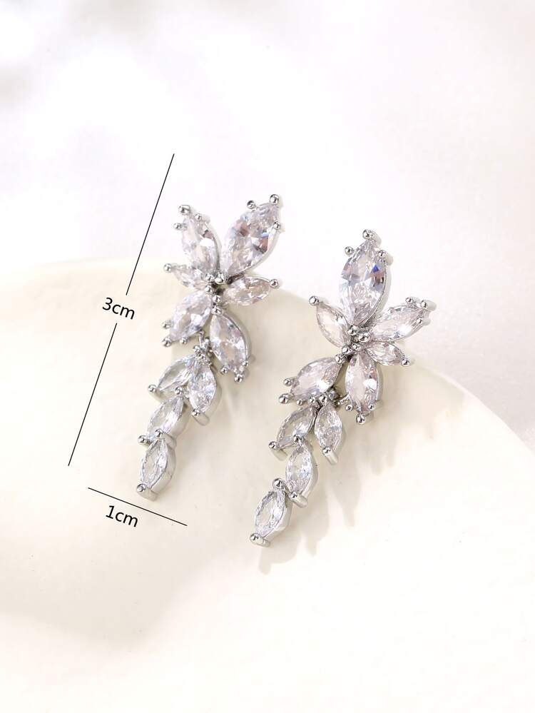 Thả hoa tai Khối Zirconia  Lá cây - Bạc - Xem 3