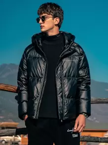 Men Letter Graphic Raglan Sleeve Hooded Down Coat