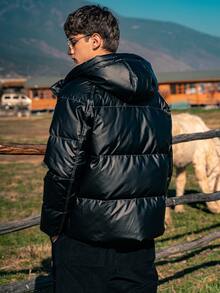 Men Letter Graphic Raglan Sleeve Hooded Down Coat