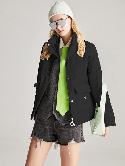 JAZZEVAR Solid Flap Pocket Zipper Up Down Coat