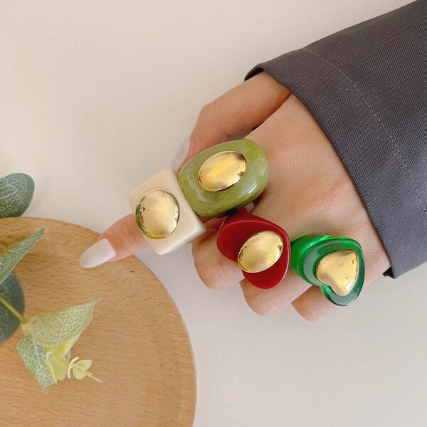 

4pcs Heart Decor Ring, Multicolor