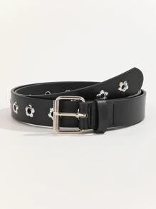 1pc Women's PU Leather Belt With Simple Square Buckle And Plum Blossom Shaped Eyelets, Fashion Decorative Black Belt For Daily Wear - Black - View 3