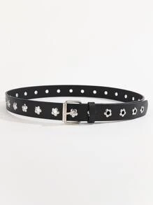 1pc Women's PU Leather Belt With Simple Square Buckle And Plum Blossom Shaped Eyelets, Fashion Decorative Black Belt For Daily Wear - Black - View 4