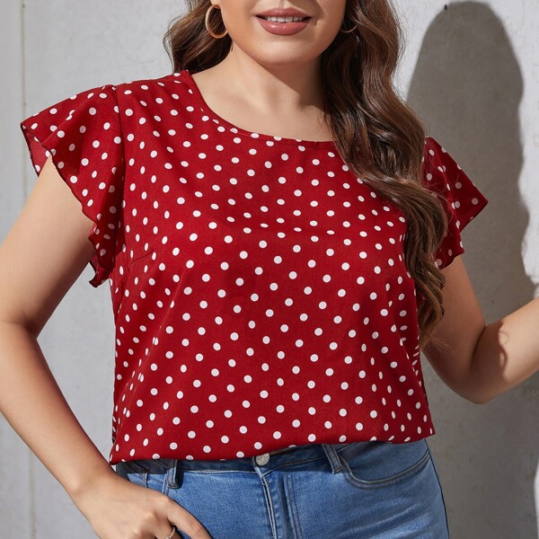 

Plus Polka Dot Print Butterfly Sleeve Blouse, Red