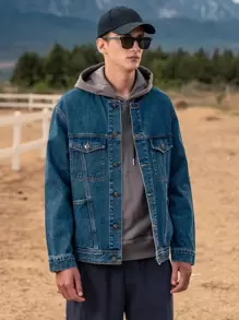 Áo khoác Denim Nam Túi Nút phía trước màu trơn Giải trí - Rửa tối - Xem 1