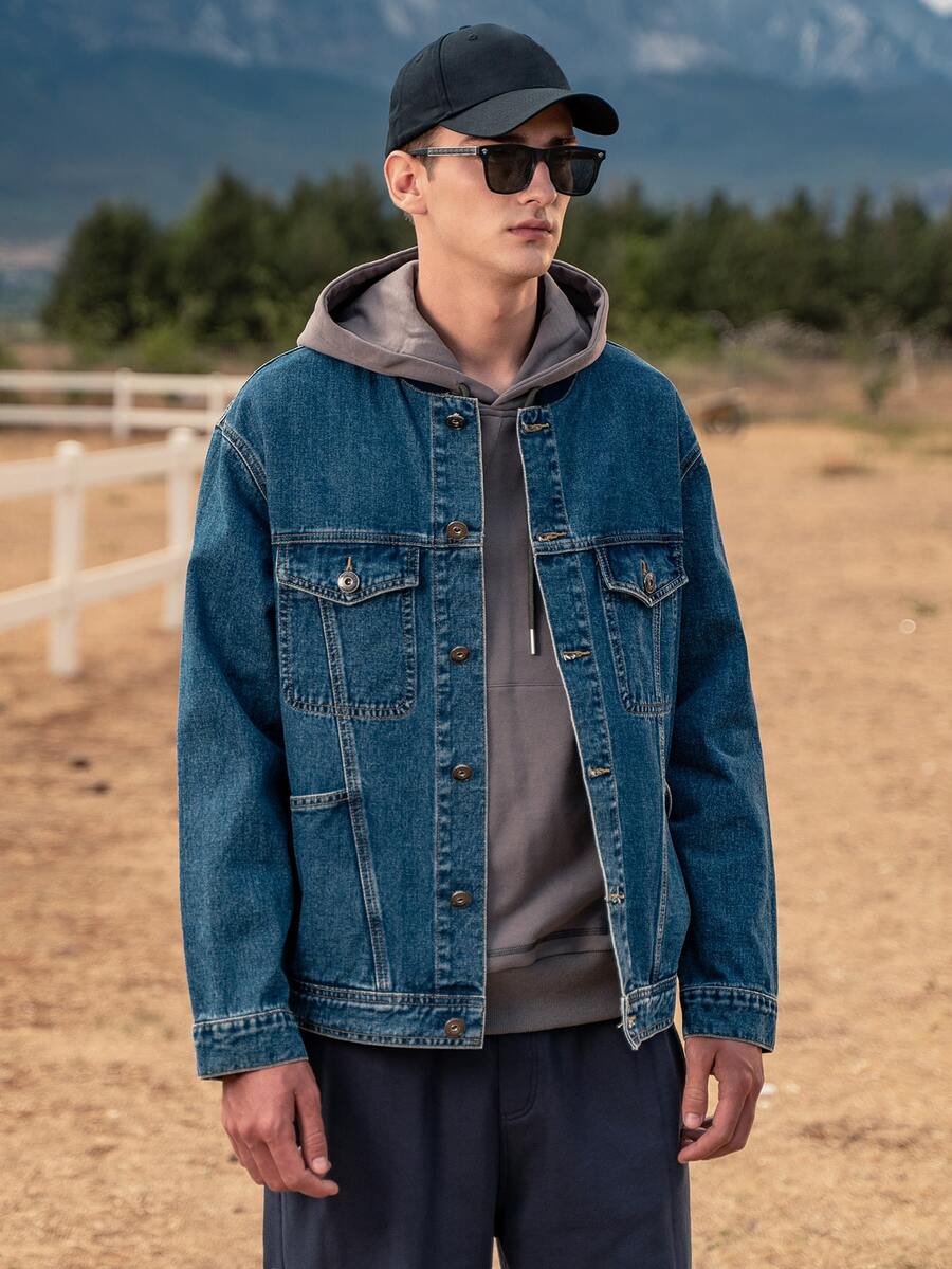Áo khoác Denim Nam Túi Nút phía trước màu trơn Giải trí - Rửa tối - Xem 1