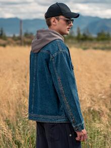 Áo khoác Denim Nam Túi Nút phía trước màu trơn Giải trí - Rửa tối - Xem 2