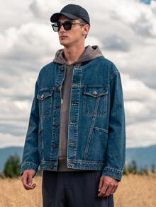 Áo khoác Denim Nam Túi Nút phía trước màu trơn Giải trí - Rửa tối - Xem 3