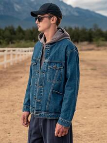 Áo khoác Denim Nam Túi Nút phía trước màu trơn Giải trí - Rửa tối - Xem 4