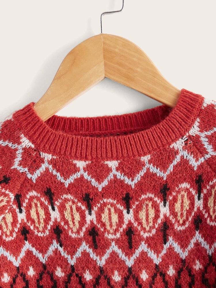 SHEIN 小女童費爾島圖案插肩袖套頭毛衣 - 紅色 - 查看 3
