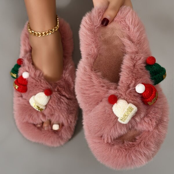 

Cartoon Decor Cross Strap Fluffy Bedroom Slippers, Baby pink
