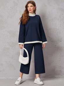 SHEIN Drop Shoulder Contrast Trim Sweater & Knit Pants - Navy Blue - View 1