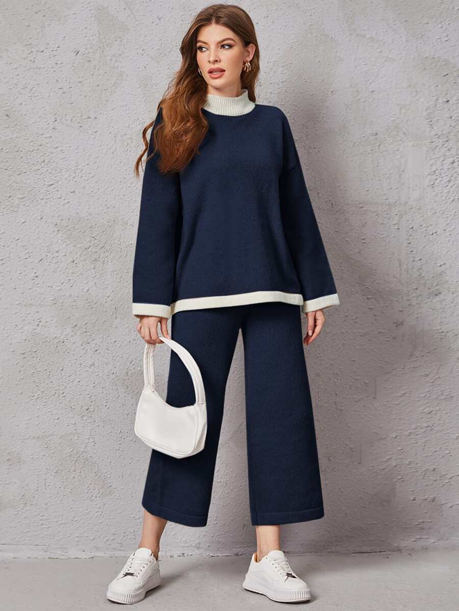 SHEIN Drop Shoulder Contrast Trim Sweater & Knit Pants - Navy Blue - View 1