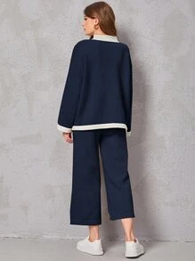 SHEIN Drop Shoulder Contrast Trim Sweater & Knit Pants - Navy Blue - View 2