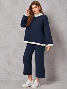 SHEIN Drop Shoulder Contrast Trim Sweater & Knit Pants - Navy Blue - View 3