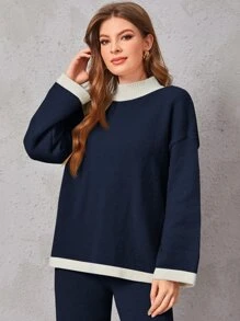 SHEIN Drop Shoulder Contrast Trim Sweater & Knit Pants - Navy Blue - View 4