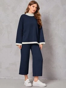 SHEIN Drop Shoulder Contrast Trim Sweater & Knit Pants - Navy Blue - View 5