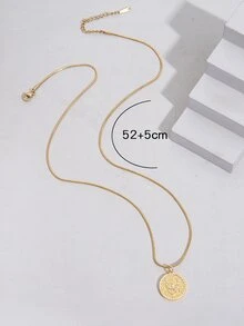 Flower Detail Round Charm Necklace - Yellow Gold - View 3