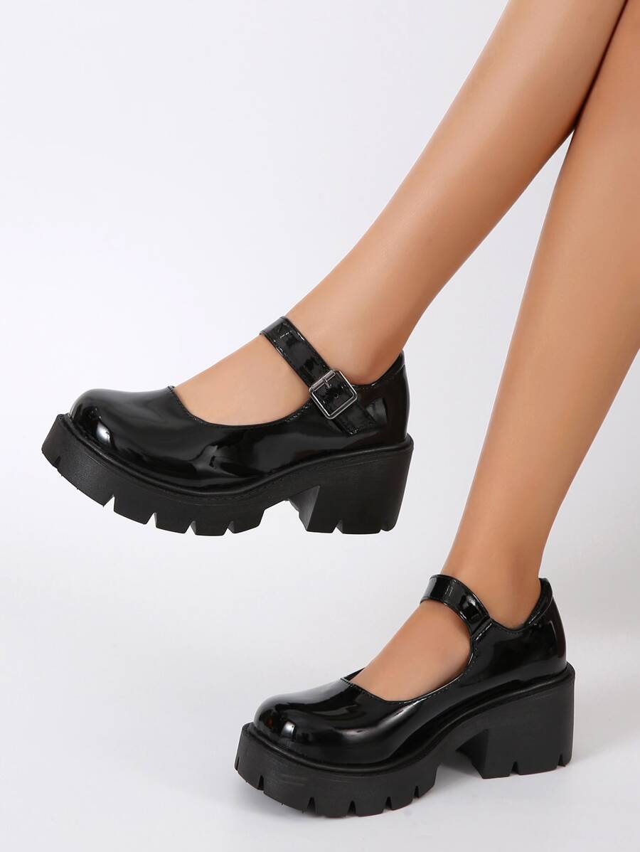 Buckle Decor Platform Mary Janes, Black Fashionable Buckle Design Solid Color Women's Platform Shoes - Black - View 1