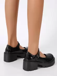 Buckle Decor Platform Mary Janes, Black Fashionable Buckle Design Solid Color Women's Platform Shoes - Black - View 2