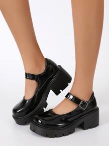 Buckle Decor Platform Mary Janes, Black Fashionable Buckle Design Solid Color Women's Platform Shoes - Black - View 3