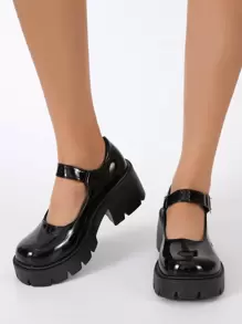 Buckle Decor Platform Mary Janes, Black Fashionable Buckle Design Solid Color Women's Platform Shoes - Black - View 4
