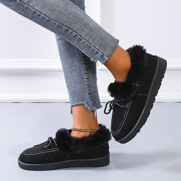

Bow Decor Fluffy Slip-on Flats, Black